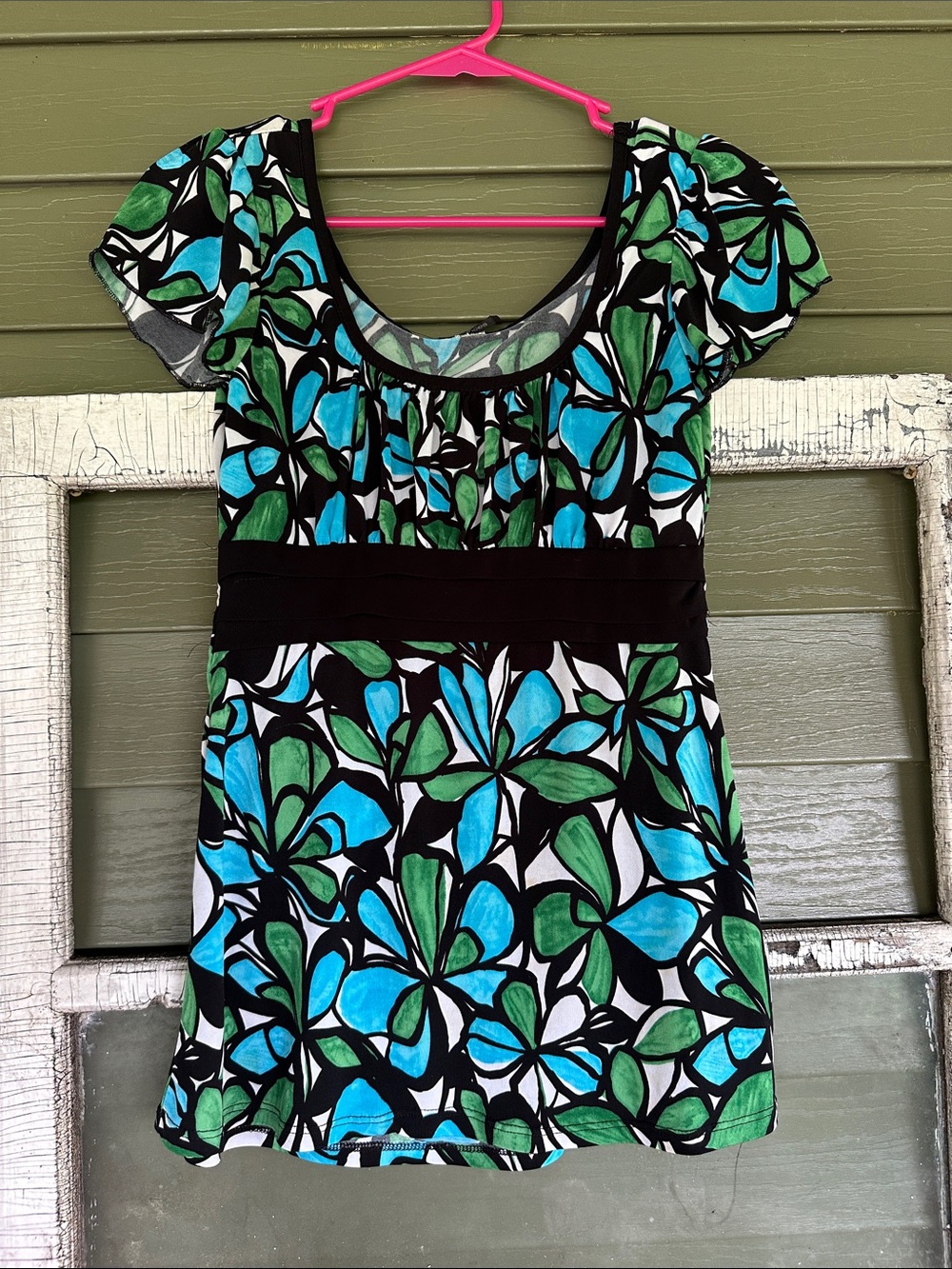 Maurices Black Floral Tunic Top with Blue & Green Petals